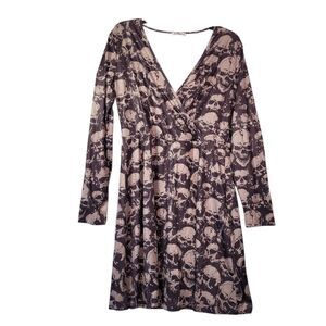 Jeceika Women Long Sleeve Skulls Print Wrap V Neck Aline Dress Brown Size Large